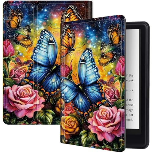 Color Rose Butterfly Schutzhülle für Kindle Fire HD 8 und Fire HD 8 Plus Tablet (2024/2022/2020 veröffentlicht 14. / 12. / 10. Generation), PU-Leder, Klappständer, schlanke Hülle mit automatischer
