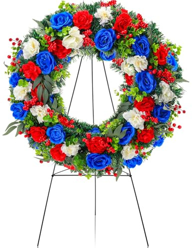 Crowye 2pcs Memorial Day 4th of July Grave Wreaths with Stand Set 23. 62in Cemetery Wreaths 30in Easel Patriotic Gravestone Headstone Independence Day Decor(Classic Cemetery Style)