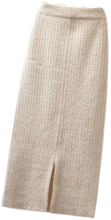 Falda Larga De Punto Falda Femenina Otoño E Invierno Falda De Un Solo Paso De Punto De Longitud Media Falda De Invierno Recta Dividida Falda Larga Sólida Informal Adecuada Para Mujeres(Creamy-white)