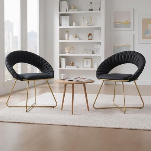 chairus Lot de 2 Fauteuil Noir de Salon en Velours, Chaise Rembourrée avec Pieds en Métal Doré, Chaise Coiffeuse Chambre Moderne avec Dossier, Noir