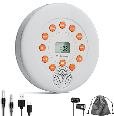 M-Amazup CD Player Portable, Rechargeable Portable CD Players for Home, Built-in Speakers and Headphones Supports CD/U Disk/AUX/A-B Repeat/LCD Display/10 Speeds/Anti Skip, for Home/Car White