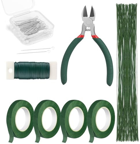 OINETRK Floral Arrangement Kit with 4 Green Tapes and Wire, Wire Cutter, Boutonniere Flower pin for Wreath Making Supplies