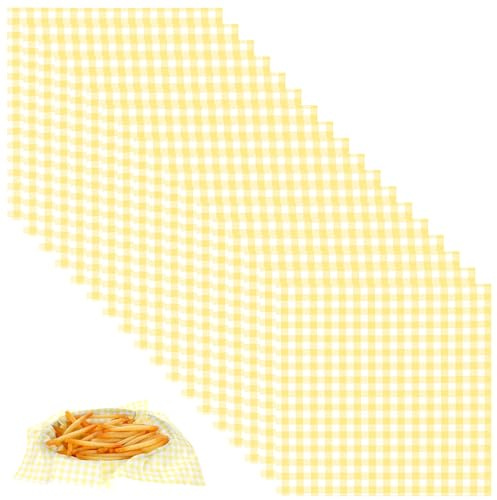 MBAIYO 100Pcs Wax Paper Sheets for Food, 7 x 7 Inch Greaseproof Basket Liners Checkered Deli Sandwich Wrapping Paper for Picnic BBQ Party(Yellow)
