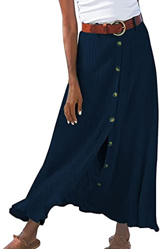 Jupe Ete Femme Taille Haute- Jupe Lin Femme Fente avec Boutons Couleur Unie Casual Jupes Mi Longue Chic Pas Cher Grande Taille Léger Fluide Coton Et Lin De Plage Voyage Vacances Quotidien