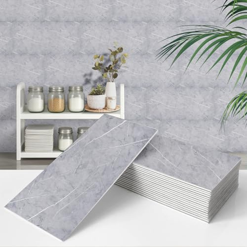 DriveMax 10pcs 60x30cm Self Adhesive Grey Marble Wall Tiles Waterproof Oil-Proof Peel and Stick Tiles for Bathroom Floor Kitchen Splashback Shower Ceiling Decor