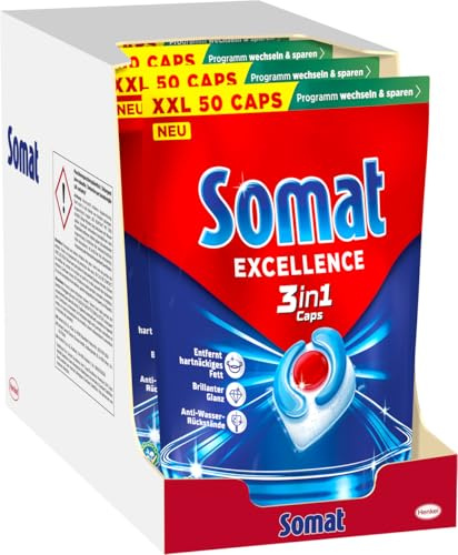 SOMAT Excellence 3in1 Caps 4er Set (4 x 50 Caps) – schnellauflösende Spülmaschinen-Caps gegen hartnäckiges Fett, wirksam im Niedrigtemperatur-, Kurz- & Eco-Programm, für brillanten Glanz