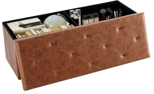 DUMOS 43 Inch Folding Storage Ottoman Bench, Large Ottoman with Storage | Storage Chest with Padded Seat, End of Bed Foot Rest Stool for Bedroom Living Room, Load 660 lbs, Synthetic Leather, Brown