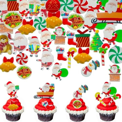 ZWLIYCHN 300Pcs Edible Christmas Cupcake Toppers, Edible Christmas Cake Decorations, Wafer Paper Xmas Designs, Santa, Snowman, Xmas Tree Holiday Party Cake Decor for Chrimbo Theme Parties