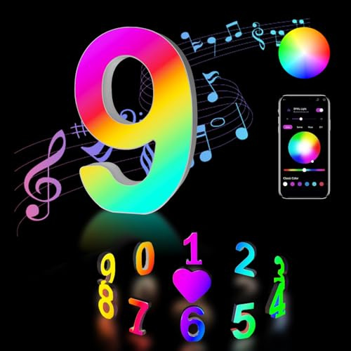 Lumosmart Leuchtende Zahl 9, RGB-App-Steuerung, LED-Buchstaben, Lichter, Spielzimmer, USB-Neon-Wandschild, Farbwechsel, Zahlen, Nachtlampe, Party-Geschenke für Geburtstag, Weihnachten