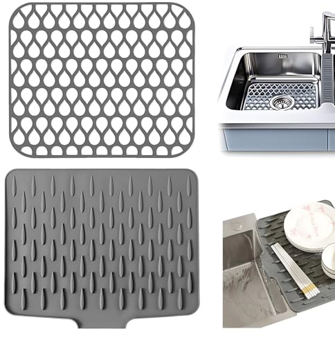 Silicone Dish Drying Mat and Silicone Sink Mat, Heat Resistant Folding Draining Board Mat, Counter Protector for Bottom of Kitchen Sink, Dishes and Glassware Drain Mat- Grey(40*32.5cm, 34*29cm)