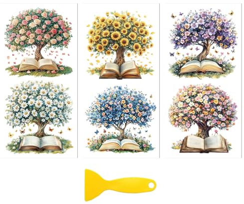 Peacoblue UV DTF Möbel Transferfolie,Buch und blühender Baum Dekorfolie | 3er Set UV DTF Transfersticker 15x30cm, Wasserfeste Dekorfolie für Möbel, Schubladen, Holz, Glas und Keramik
