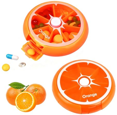 YUVKIN Pilloliera 7 Giorni Portatile, Contenitore per Pillole e Vitamine con Design Rotondo (Arancione)
