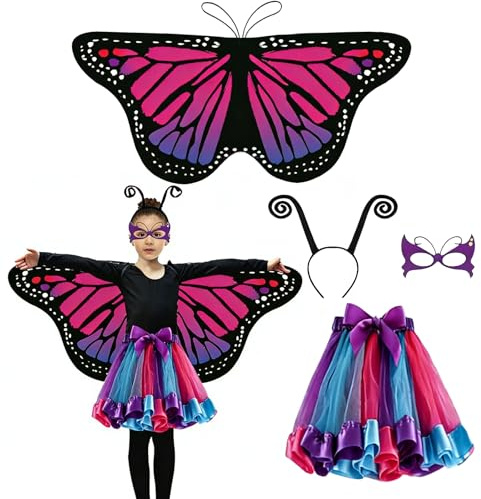 BOOSHMall Lot de 4 costumes de papillon pour enfant - Ailes de papillon avec masque - Jupe tutu - Jupe en tulle - Serre-tête - Tatouages papillon - Ailes pour carnaval, cosplay, fête mascarade - Rose
