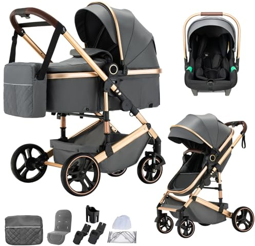 BEBBY BEBBY Cochecito de bebé 3 en 1,Carricoche Combinado Paisaje Alto Marco de Aluminio Para Recién Nacido0-22KG,Portátil Carrito Bebe 3 en 1 Con Asiento De(H9-DARK GREY, H9)