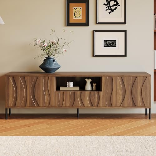 Merax Meuble TV Lowboard Salon,Meuble TV Minimaliste 160 cm avec Portes Ondulées,3 Portes, Rangement pour Téléviseur et Décoration, Pieds en Métal Robustes
