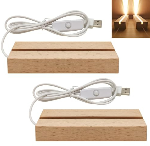 LYZHZHIUONGEI 2 Pcs LED Lights Display Base, 15cm Wooden Display Stand with Warm Light & USB Power, Illuminated Pedestal for Crystal Glass Resin Art, Acrylic Plate Holder