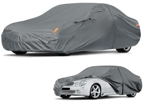 Autoabdeckung Wasserdicht für 1993-2006 Mercedes-Benz E-Class W124/W210 211 | Vollgarage Autoplane Auto Abdeckplane Winter Sommer Allwetter Outdoor Abdeckung mit Windschutzbänder, Grau