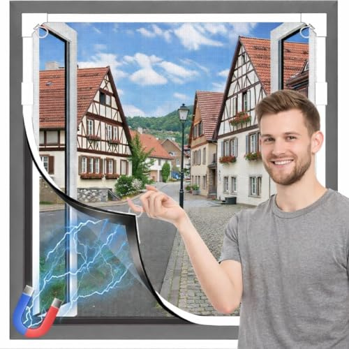 Mosquiteras para Ventanas Magnética 150×180cm Malla de Fibra de Vidrio, Marco de Ventana con Banda Magnética Completa, Recortable Mosquitera Ventana Magnetica