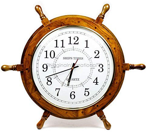 Nagina International Grande timone nautico in legno azzurro con orologio da capitano del tempo della nave, orologio decorativo per la casa dei pirati (45,7 cm, quadrante bianco)