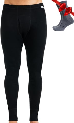 Merino.tech Pantaloni Termici Lana Merino Uomo - 100% Intimo Lana Merinos Uomo Leggero, Medio, Pesante con Calzini (Large, Black 250)