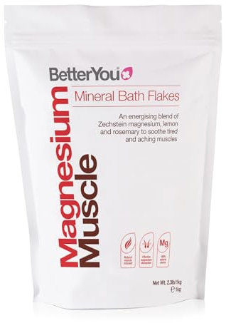 BetterYou Magnesium Muscle Mineral Bath Flakes, Natural Source Magnesium Chloride Bath Flakes to Sooth Aching Muscles, Sports Recovery Salts, Vegan & Palm-Oil Free, 1kg