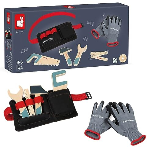 Janod - Heimwerkergürtel mit Holzwerkzeugen und Handschuhen - Rollenspielzeug Handwerk - Entwicklung von Feinmotorik und Fantasie - FSC-zertifiziert - Ab 3 Jahren, J06475