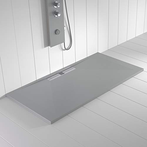 Plato de ducha resina WIDE desagüe lineal lateral color Gris Cemento 120x80 textura pizarra antideslizante rejilla inox con válvula