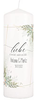 Herz & Heim® Hochzeitskerze mit Namen des Ehepaares Stumpenkerze Weiß 7 cm x 20 cm (Ø/H) Liebe