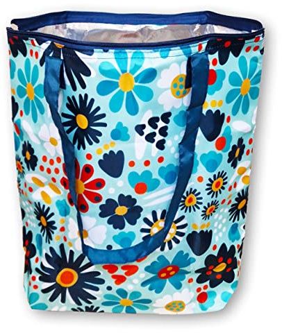 Borsa termica pieghevole riutilizzabile, shopping, borsa da spiaggia leggera e resistente, con rivestimento interno in alluminio con perfetta funzione di raffreddamento (margherita blu)