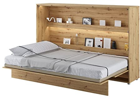 Arthauss Horizontal Wall Bed with Multifunctional Storage, 120 cm Oak Artisan - Space Saving Hidden Cabinet Bed, Convenient Hideaway Bed with Functional Shelves, Duvet Straps Included