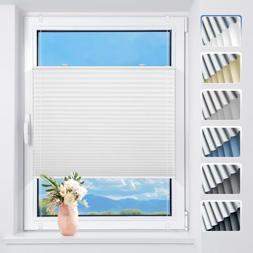TFSKY Plissee ohne Bohren Verdunkelung Klemmfix Weiß B95 x H110 cm | Verdunklungsplissee Hitze- & Sonnenschutz, Plisseerollo Sichtschutz für Fenster, Tür, Schlafzimmer, Wohnzimmer, Büro