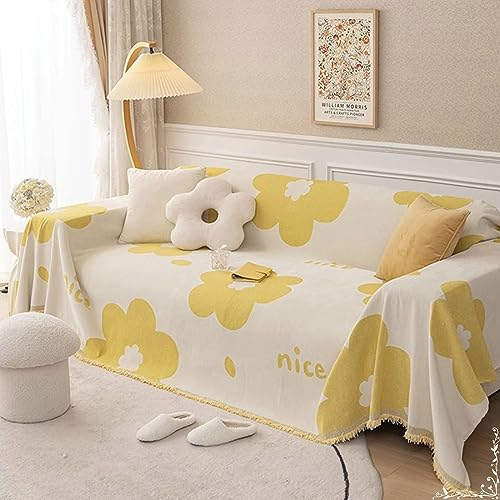 Homxi Sofahusse Zweisitzer,180x230CM,Sofahusse Blumen mit Quasten Bedruckt Sofaüberwurf Chenille Handtuch Sofa Gelb Sofahusse Universel