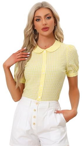 Allegra K Blusa de Cuadros para Mujer, Manga Corta, Cuello Peter Pan, Camisa con Botones Amarillo XL