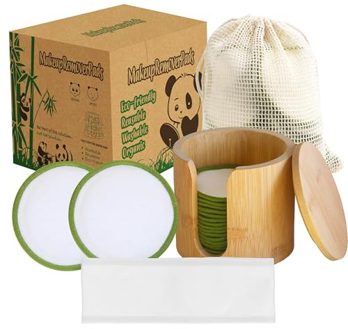 Sopurrrdy Reusable Cotton Rounds, 100% Natural Bamboo Cotton Pads for Face|Reusable Makeup Remover Pads with Laundry Bag,Headband and Cotton Round Holder (White and Green)