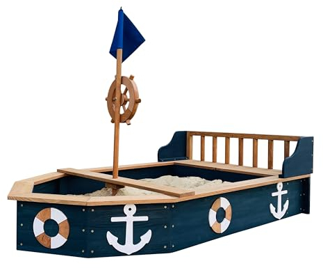 AXI Doris Sandkasten Boot/Schiff aus Holz | Sandkastenschiff in Anthrazit & Braun mit drehbarem Ruder, Flagge & Sitzbank | Sandkastenboot/Piratenschiff mit Abdeckung und Bodentuch | 153x90x100 cm