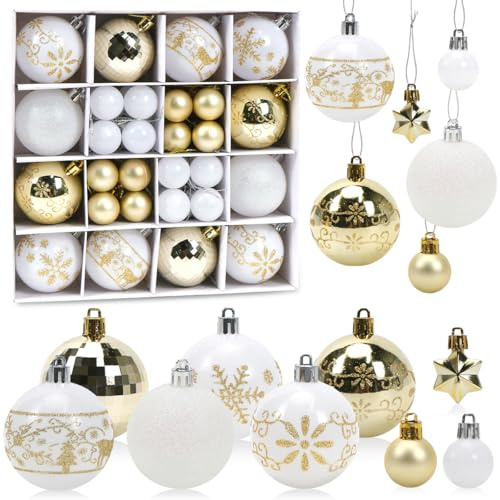 Boules de Noel 44 Pièces, Boule de Noel Or Blanc, Decoration Noel Sapin Plastique, Boules et Étoiles de Sapin de Noël, Suspendues Ornements pour Arbre de Noel Maison Jardin