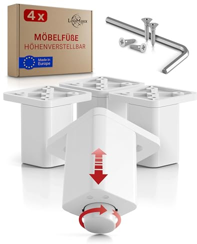 LouMaxx Möbelfüße höhenverstellbar – 4er Set 38x38x60 mm in Weiß inkl. Befestigungsplatte – Füsse für Schränke passend als Kallax Füße – Hochwertige Schrank Füße für individuelle DIY-Möbel