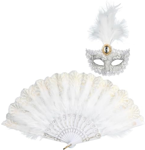 MWOOT Masques de Bal Masqué pour Femmes, Accessoires de Costumes de Carnaval avec Masques et Éventail, Blanc