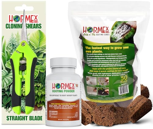 Hormex Rooting Powder #16, Grow Cubes & Shears Combo - Rooting Hormone for Difficult Hardwood Plants, Tree Cuttings | Root Starter Cubes for Cloning Plants | Precision Straight-Blade Shears (50 Plugs)