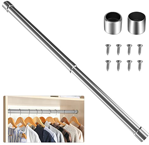 WAENLIR 34cm-50cm Extendable Stainless Steel Wardrobe Rail, Adjustable Clothes Rail Pole With End Sockets
