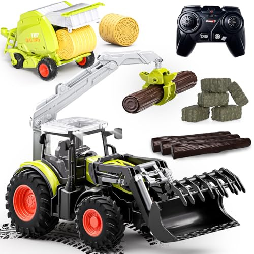 PENGBU RC Remote Controlled Tractor with Trailer, 2.4 GHz Tractor Toy with Bale Truck and Wood Transporter, Tractor Toy from 3 Years and Bale Press/Round Baler/Baler
