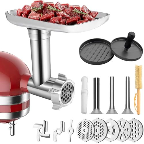 HOMGEN Meat Grinder Attachment for All Kitchenaid Stand Mixer - Stainless Steel Food Meat Grinder Attachment Included 3 Sausage Stuffer Tubes，5 Grinding Plates，2 Grinding Blades，1 Burger Press,1 Brush