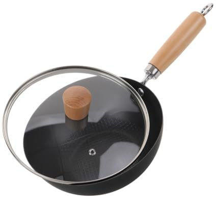 ULTECHNOVO Sartén de Hierro Fundido con Tapa Wok Tradicional Chino Antiadherente con Mango de Madera para Cocinas de Gas y Eléctricas para Saltear