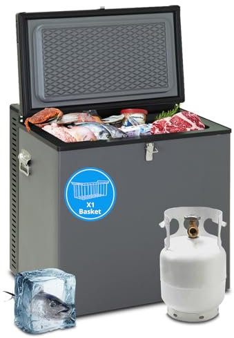 Techomey Gas Fridge Freezer 70L, 12V/240V/LPG, Chest Freezer with A Basket for Motorhome, Cottage, Caravan, RV, Truck, Silent