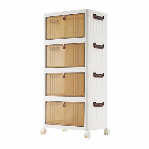 BARGAIN FACTORY Storage Boxes with Lid, 4-Tier Stackable,23L Capacity per Tier Plastic Storage Boxes, Folding Wheeled Storage Bins with Brakes