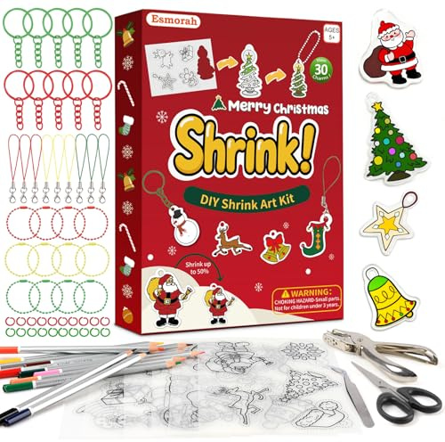 74PCS Shrink Dink Sheets Keychain Kit, Shrink Plastic Sheets with 6PCS 7.9x5.7 Pre-Printed Shrinking Film Art Paper for Kids DIY Crafts, Thanksgiving & Christmas Ornaments, Perfect Stocking Stuffer