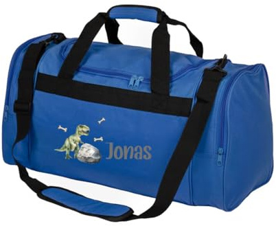 minimutz Sporttasche Kinder personalisiert Dino, Reisetasche T-Rex Jungen Mädchen groß, Kindersporttasche mit Name 26L (Royalblau)