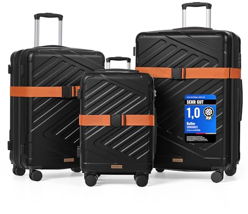 SONGMICS Valigie Rigide, Trolley da Viaggio, Chiusura TSA, Cinghie Incluse, Bagagli in ABS con 4 Ruote Doppie, Set di 3, Espandibile, da Cabina, M/L/XL, 55/65/75 cm, Nero Inchiostro RLP004B101