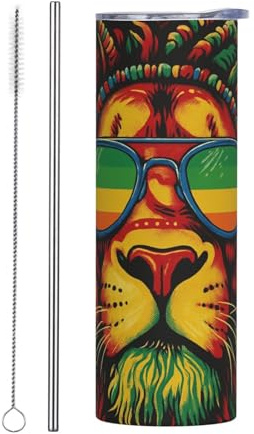 SMAZDFXX Leone alla moda con dreadlock e occhiali da sole, tazza dritta da 20 once con cannuccia, tazze termiche sportive in acciaio inossidabile