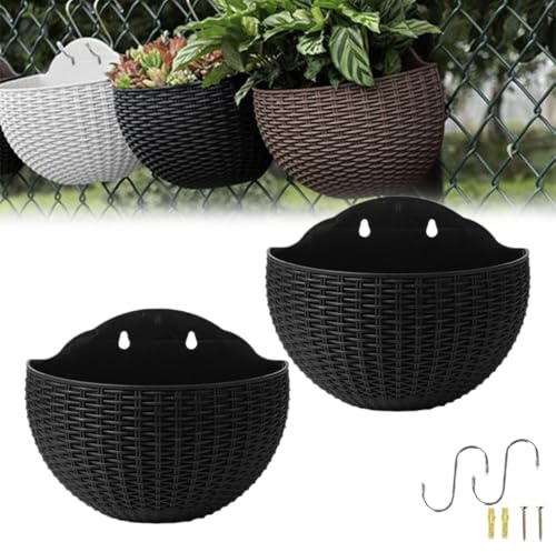 2 Pezzi Vaso Da Fiori Sospeso A Parete In Finta Rattan,Vasi Da Fiori Da Appendere Alla Parete Semicerchio con ganci, cesto da giardino da appendere in stile europeo, per balcone, recinzione(A)